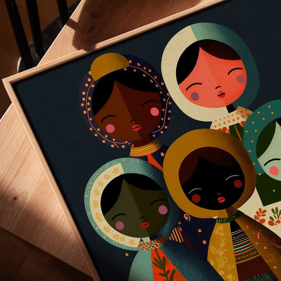 Colorful Dolls of the World wall art for a minimalist kids room