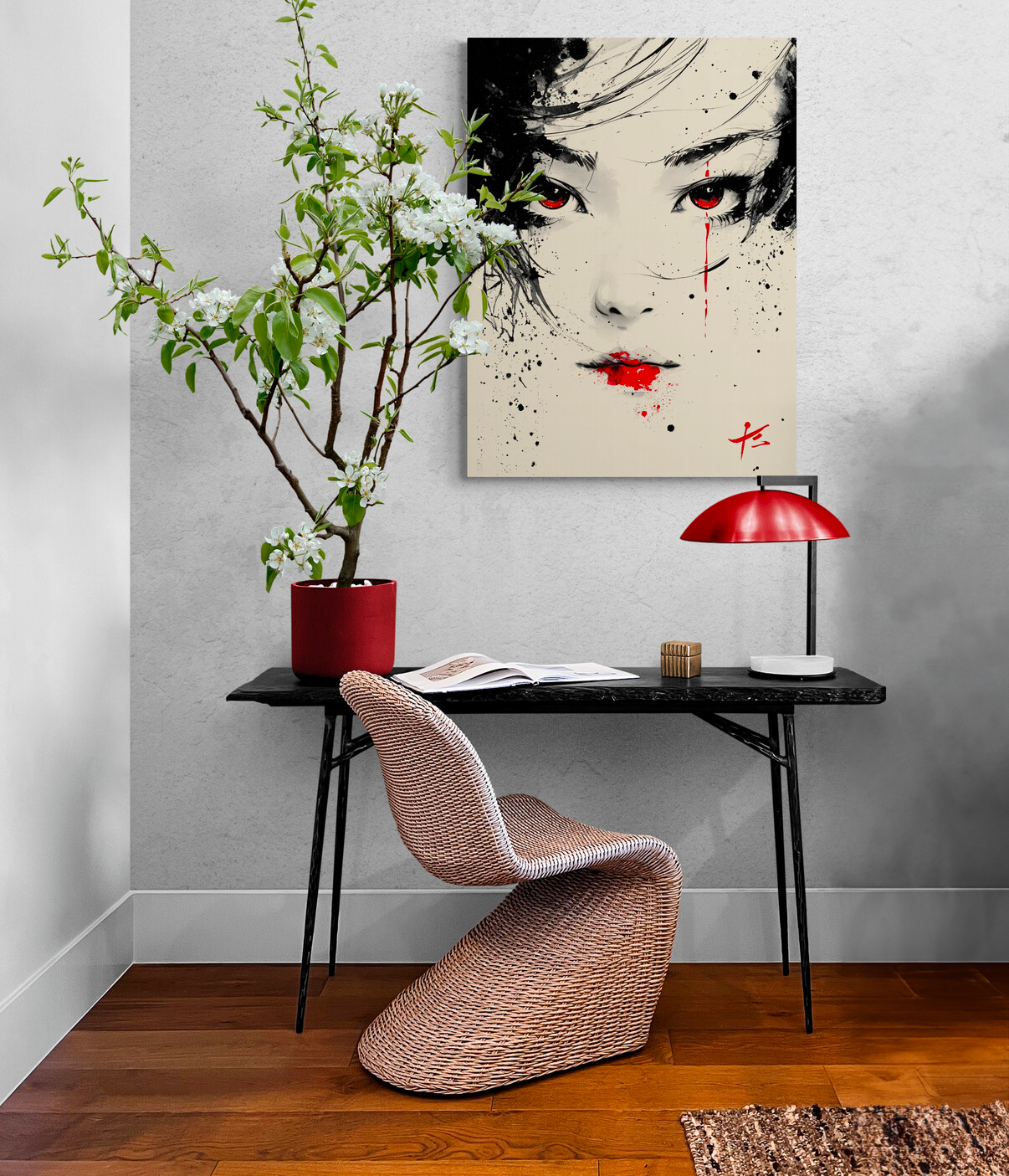 Bureau minimaliste avec tableau de geisha, plante en fleurs et lampe rouge.