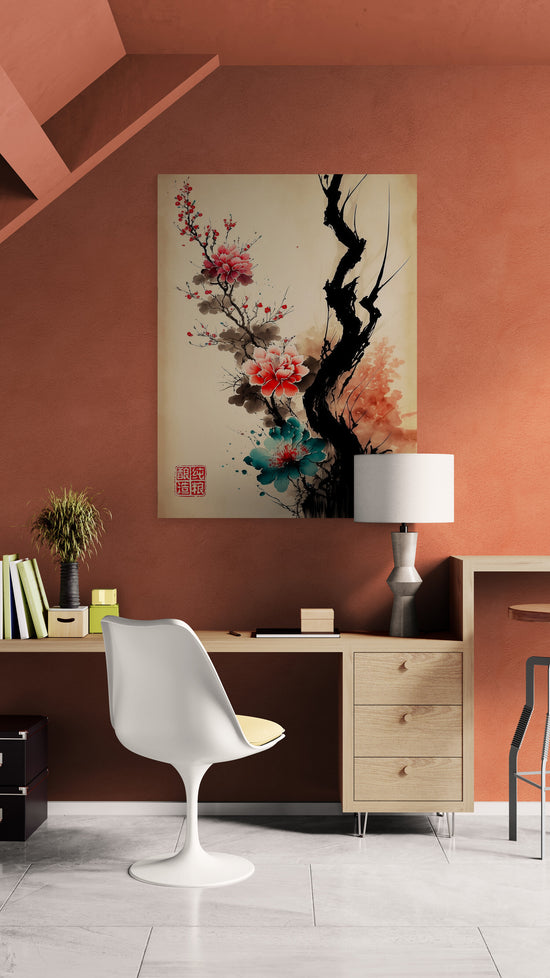 cherry blossom painting, Japanese calligraphy art, flowers, ink painting, stylized