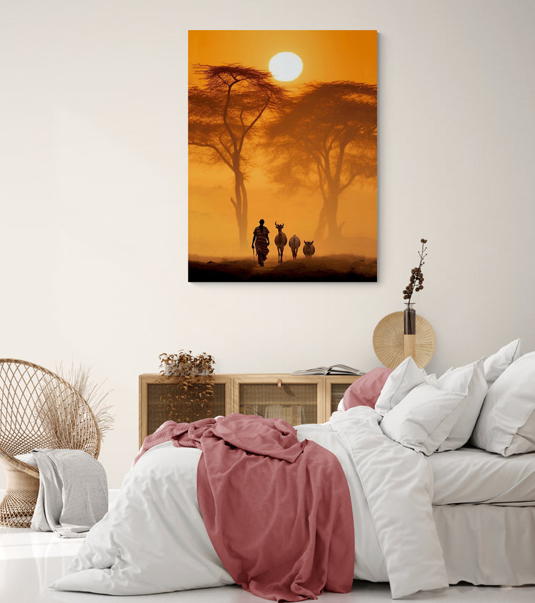 Ambiance naturelle et douce dans une chambre adulte sublimée par notre toile photo africaine.