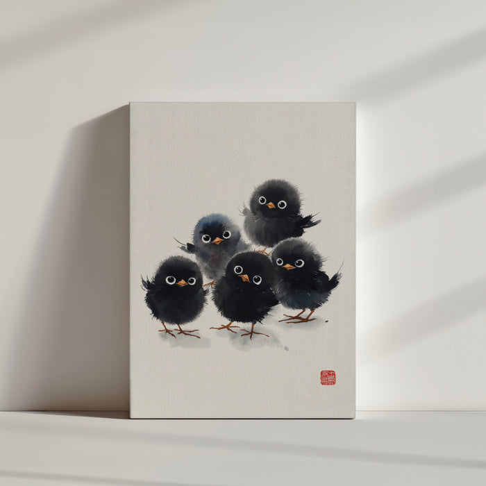 Tableau illustrant cinq poussins noirs avec grands yeux, style encre chinoise ludique