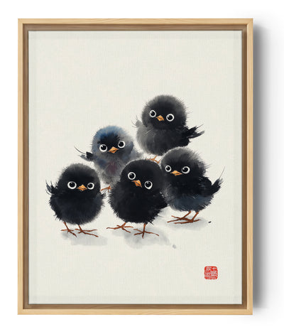 Tableau illustrant cinq poussins noirs avec grands yeux, style encre chinoise ludique