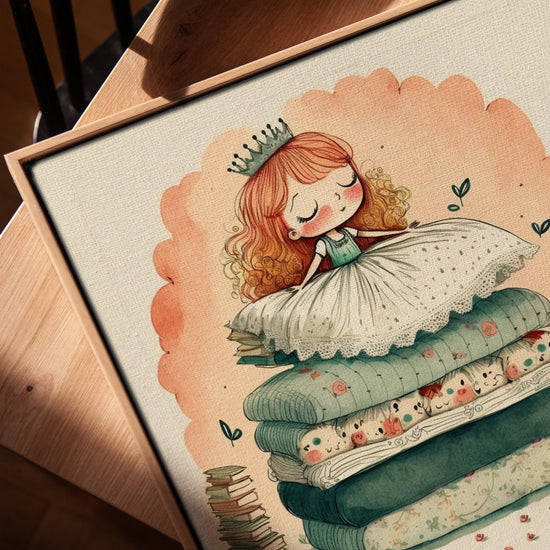 The Princess and the Pea watercolor art print in a golden oak frame for living room wall decor