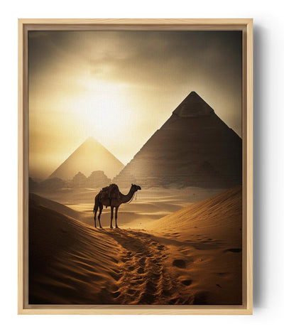 Vue détaillée du tableau du désert, révélant la beauté d'un coucher de soleil, d'un chameau solitaire et des pyramides lointaines.
