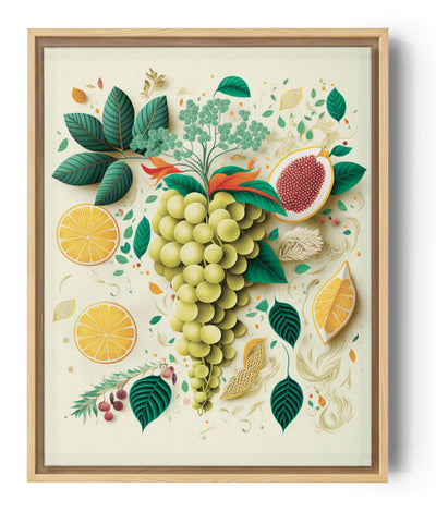 Soft pastel kitchen wall art with green grapes, leaves, orange slices and flower petals; minimalist design with a bright summer feel