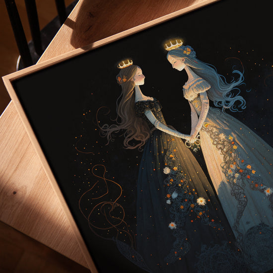 Scandinavian living room wall art, crowned Day and Night Queens