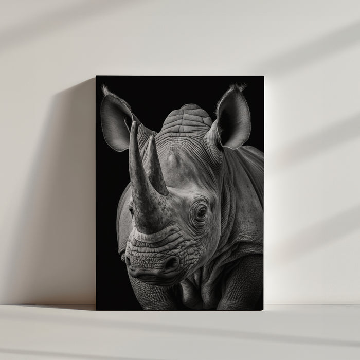 Rhinoceros wall art, black and white close-up photography, majestic animal