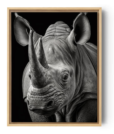 Neushoorn-schilderij, zwart-witfotografie in close-up, majestueus dier