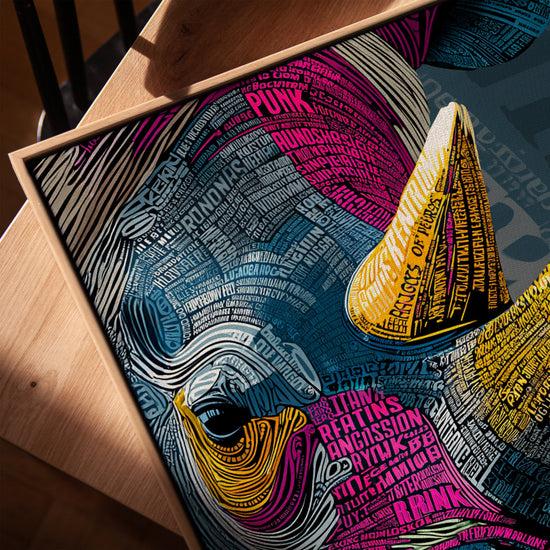 Colorful typographic rhinoceros wall art for a Scandinavian dining room