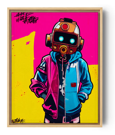 Vibrant street art wall decor featuring an old-school robot