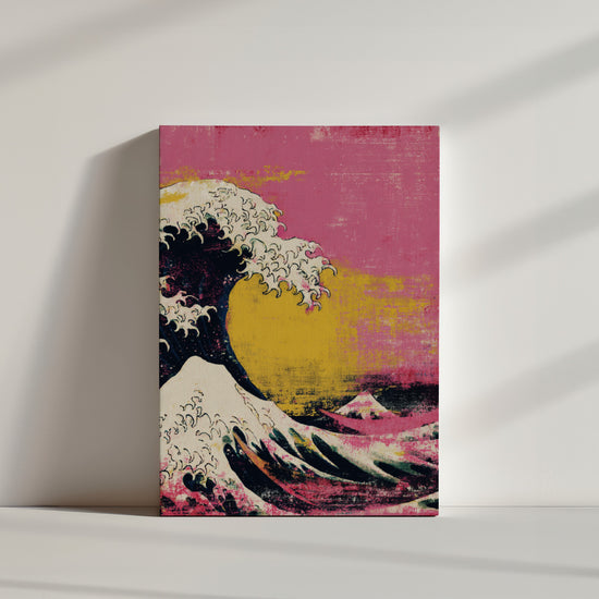 Tableau rose vague japonaise Hokusai soleil jaune décoration murale ambiance minimaliste épurée