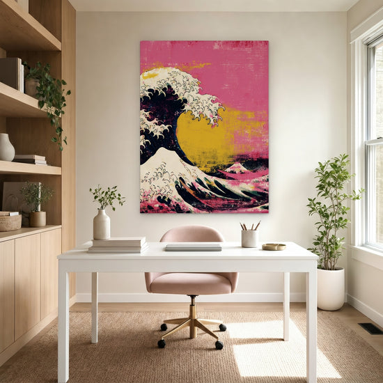 Tableau rose vague japonaise Hokusai soleil jaune décoration murale salon moderne