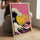 Tableau rose vague japonaise Hokusai soleil jaune décoration murale salon moderne cadre bois