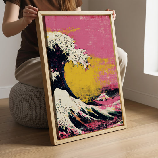 Tableau rose vague japonaise Hokusai soleil jaune décoration murale salon moderne cadre bois