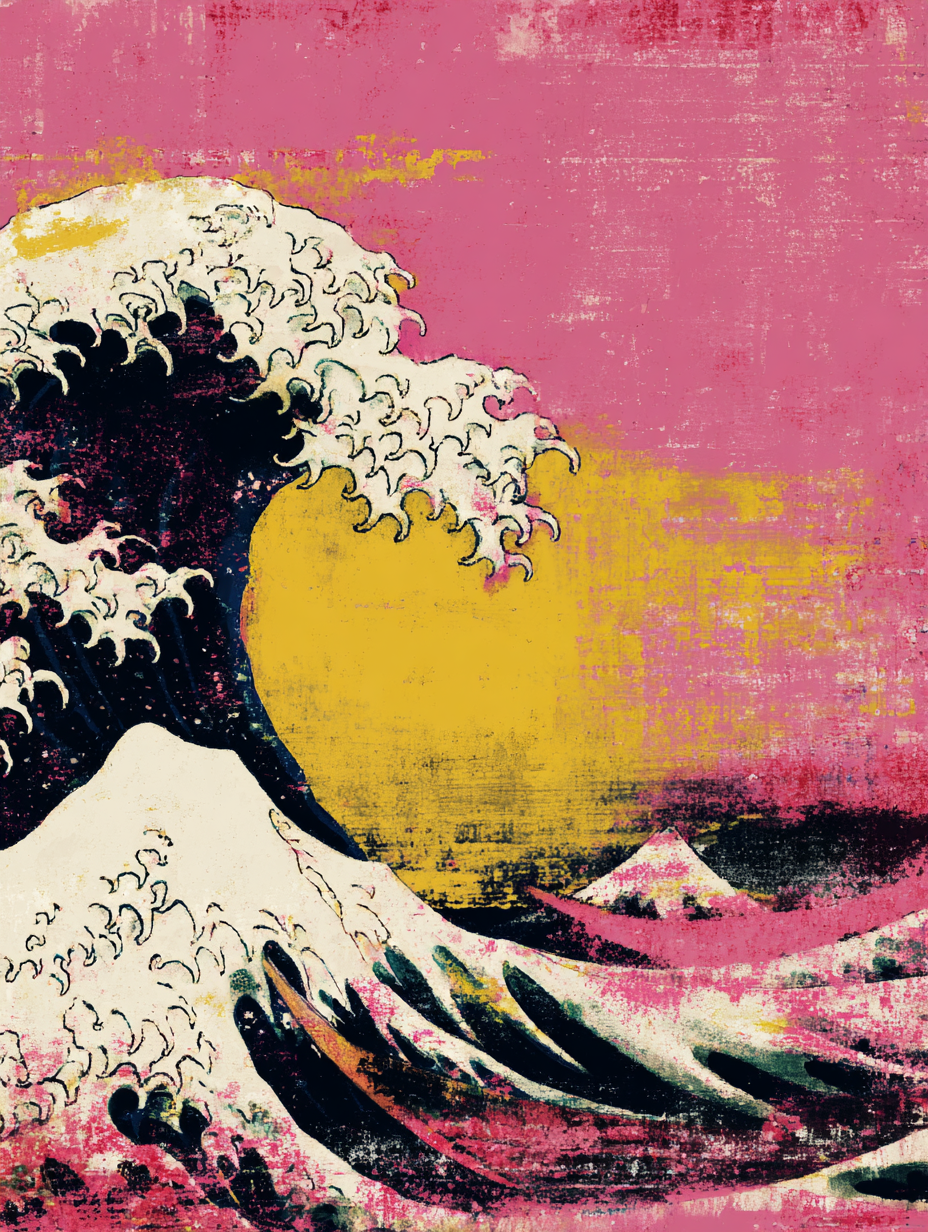 Tableau sur toile La Grande Vague d'Hokusai - Rose pop et noir profond