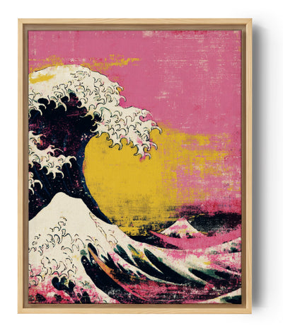 Roze Japanse golf in Hokusai-stijl met gele zon en witte schuimkoppen op vintage roze achtergrond – canvas schilderij