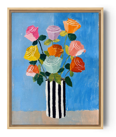 Strauß bunter Rosen in gestreifter Vase, naiver Stil, auf lebendigem blauem Hintergrund