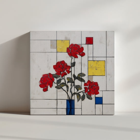 Tableau moderne de roses rouges sur fond géométrique blanc, jaune et bleu, style Mondrian floral