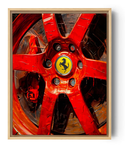 Detailreiches Wandbild des roten Ferrari-Rads, das Geschwindigkeit und Luxus einfängt