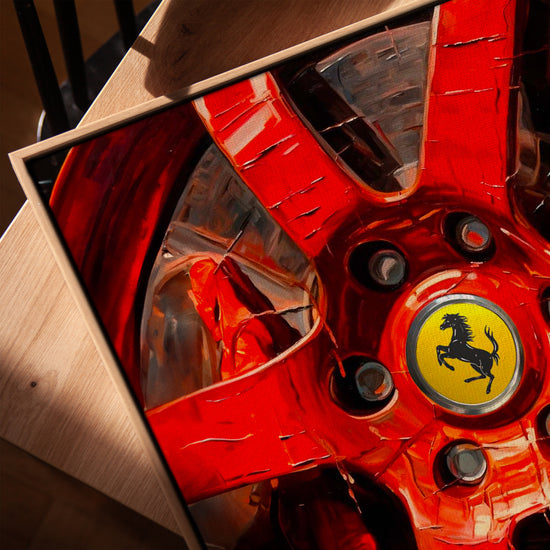 Red Ferrari rim decorative wall art for a contemporary living room