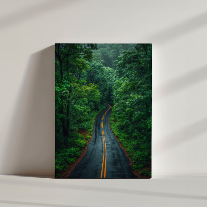 Serene winding forest road landscape print, calming nature wall art