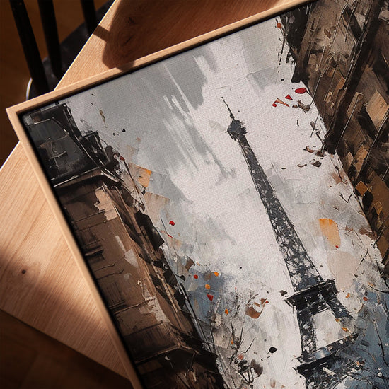 Eiffel Tower wall art, Paris street scene for living room, golden oak frame