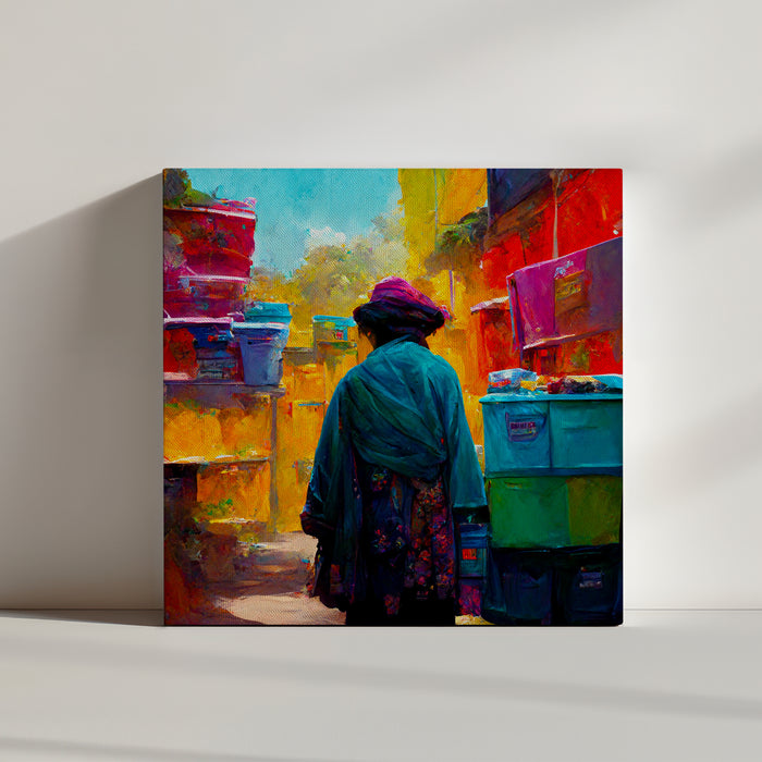 Colorful alley canvas painting featuring a street vendor walking alone in a working-class neighborhood