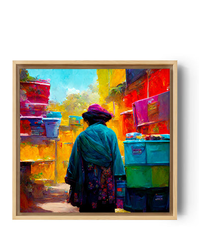 Tableau peinture ruelle colorée. Une marchande arpente seule les ruelles d'un quartier pauvre