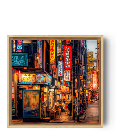 Œuvre d'art capturant la vie nocturne animée dans une ruelle traditionnelle japonaise.