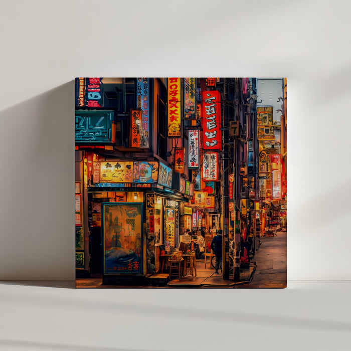 Wall art depicting lively nightlife in a traditional Japanese alleyway