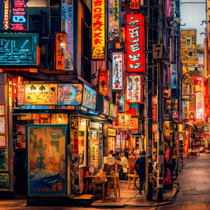 Art piece capturing the lively nightlife in a traditional Japanese alley.