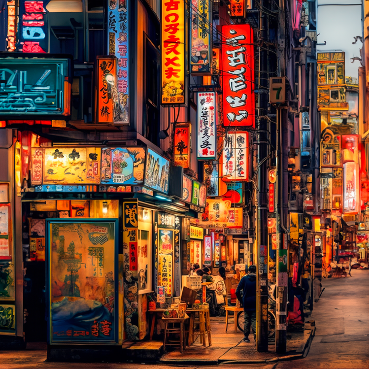 Œuvre d'art capturant la vie nocturne animée dans une ruelle traditionnelle japonaise.
