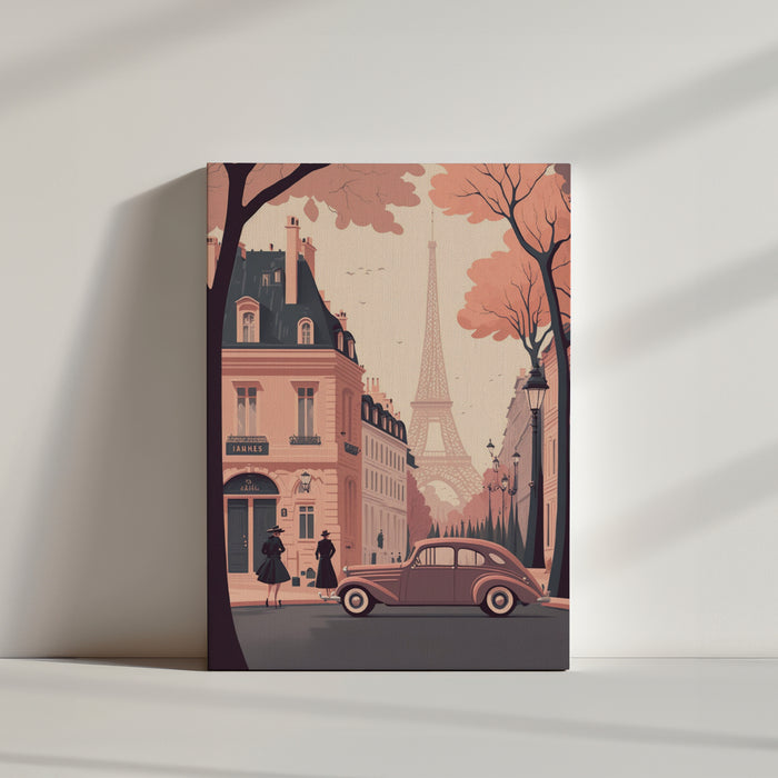 Pink and gray vintage Paris wall art canvas featuring a 2D Parisian alley and buildings, Eiffel Tower at the end of the street, two female silhouettes crossing