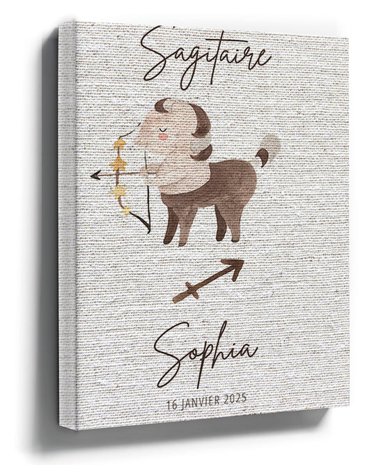Personalized Sagittarius baby nursery wall art, minimalist archer illustration, custom name print