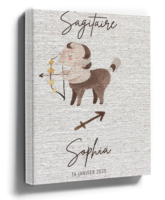 Personalized Sagittarius baby nursery wall art, minimalist archer illustration, custom name print