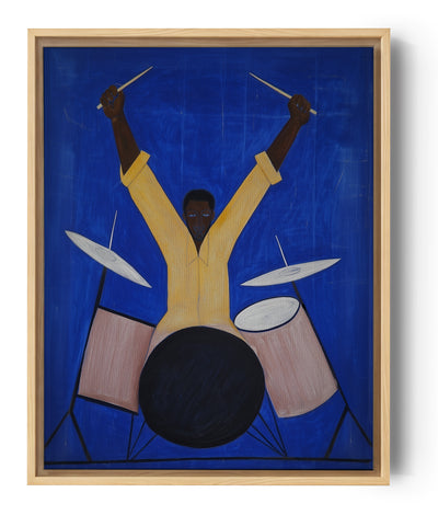 Tableau salon batteur de jazz chemise jaune sur fond bleu intense style minimaliste moderne