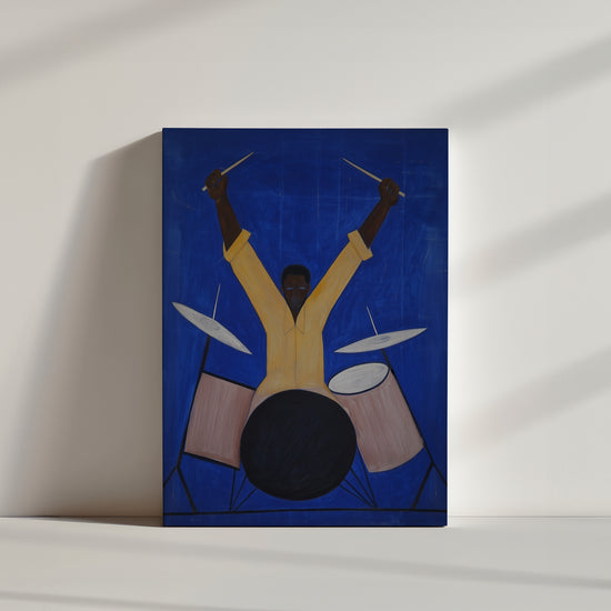 Drummer artwork product view on floor with frame, yellow shirt on electric blue