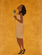Tableau salon chanteuse jazz robe beige micro vintage fond ocre doré style rétro