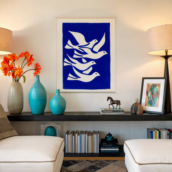 Minimalist modern wall decor, white doves on deep blue canvas for living room