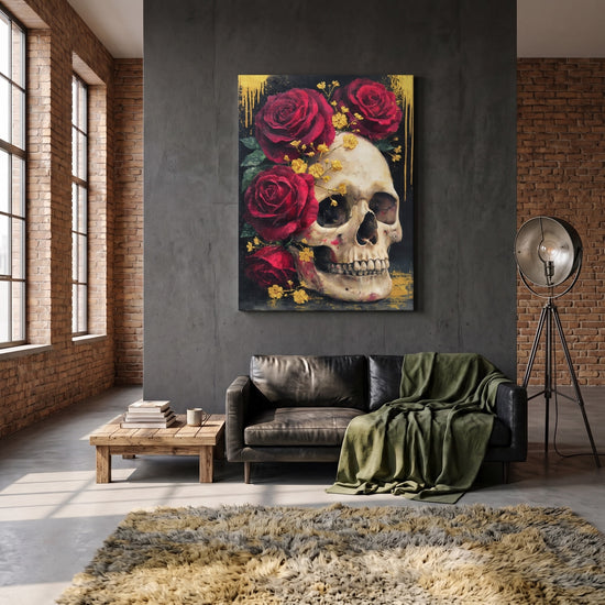 Tableau salon crâne et roses rouges fond doré baroque moderne décor mural élégant
