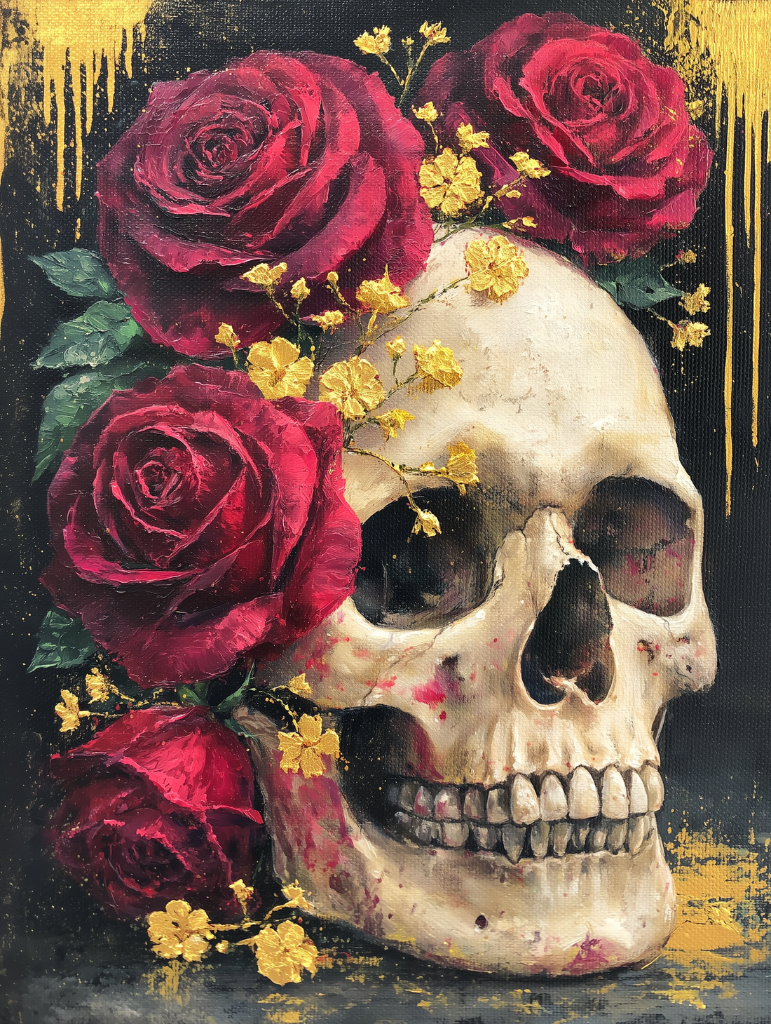 Tableau sur toile Vanité moderne - Crâne roses rouges et or