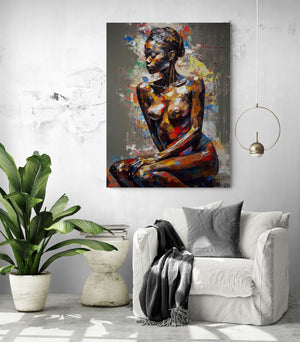 Tableau femme Africaine nue ajoutant une touche d'élégance à un salon moderne blanc