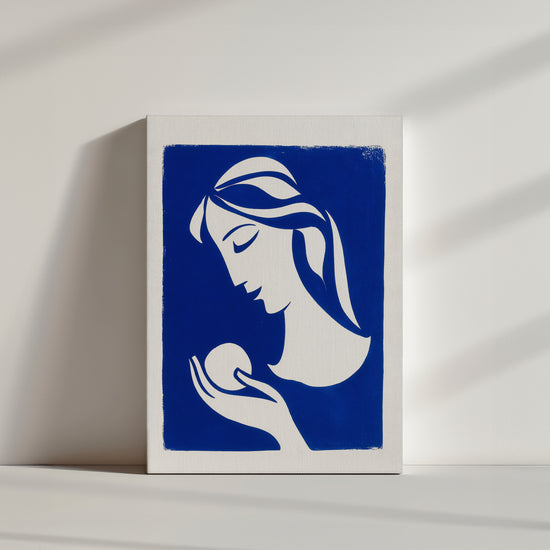 Product detail: deep blue canvas print with abstract female figure and light sphere, contemporary wall decor