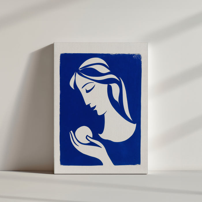 Product detail: deep blue canvas print with abstract female figure and light sphere, contemporary wall decor