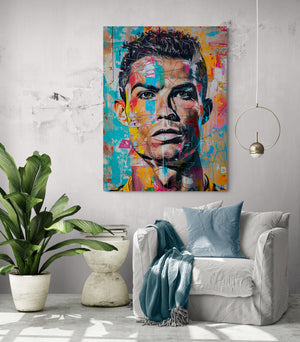 Colorful Ronaldo portrait in a minimalist living room.