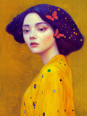 Living room canvas, Amidst radiant yellow, a young woman with a gentle gaze stands proudly. Her face, pure and fresh, reflects the purity of her soul. She wears a jacket with shimmering patterns, akin to the colorful wings of butterflies adorning her brown hair. Her gaze, full of wisdom, rests on a world that cannot reach her. Inspired by Gustav Klimt's art, she embodies grace and elegance.