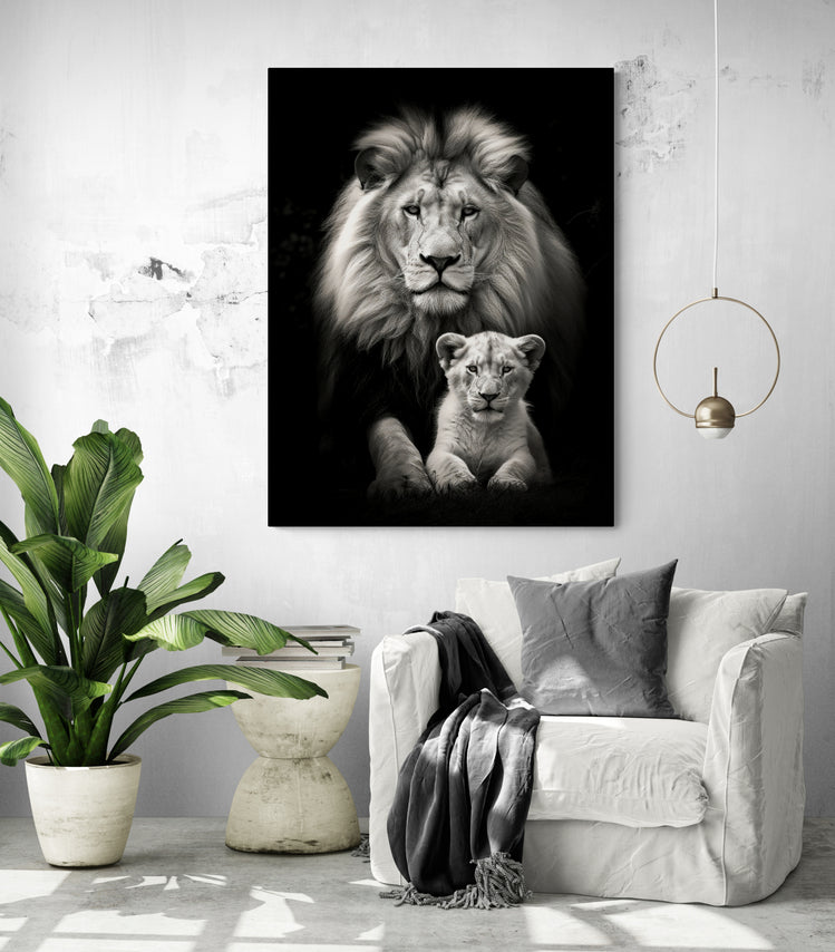 Tableau Lion et Lionceau' accroché dans un salon sobre et lumineux, ajoutant une touche de puissance majestueuse à l'atmosphère épurée