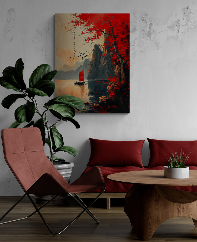 Salon contemporain avec tableau mural rouge et noir, ambiance zen japonaise