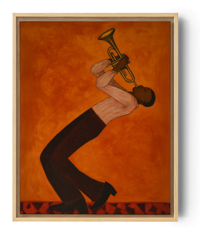 Wohnzimmerbild Musiker Trompeter warmer oranger Grund zeitgenössischer Stil figurative Kunst