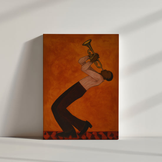 Tableau salon musicien trompettiste jazz fond orange style contemporain présentation toile